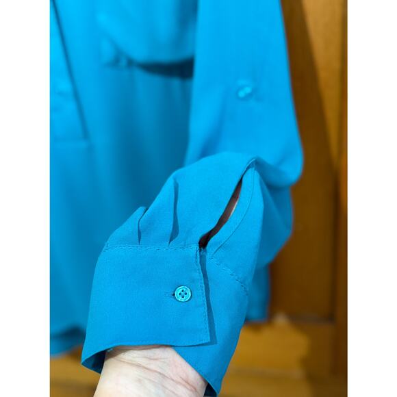 Lane Bryant Teal Henley Blouse 22/24 Long Sleeve Contrast Stitch Silky Top - Picture 2 of 7